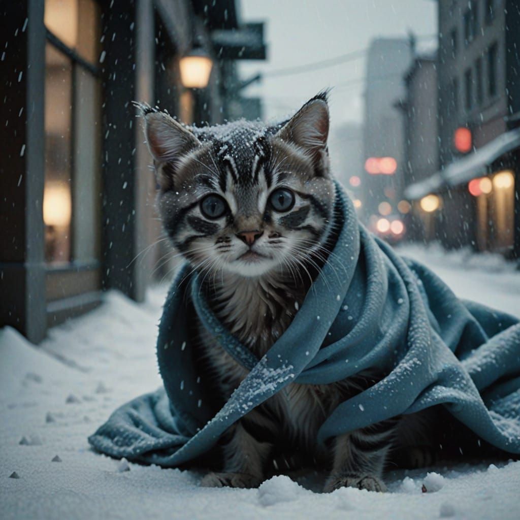 Snow-Encumbered Kitten in a Fierce Blizzard