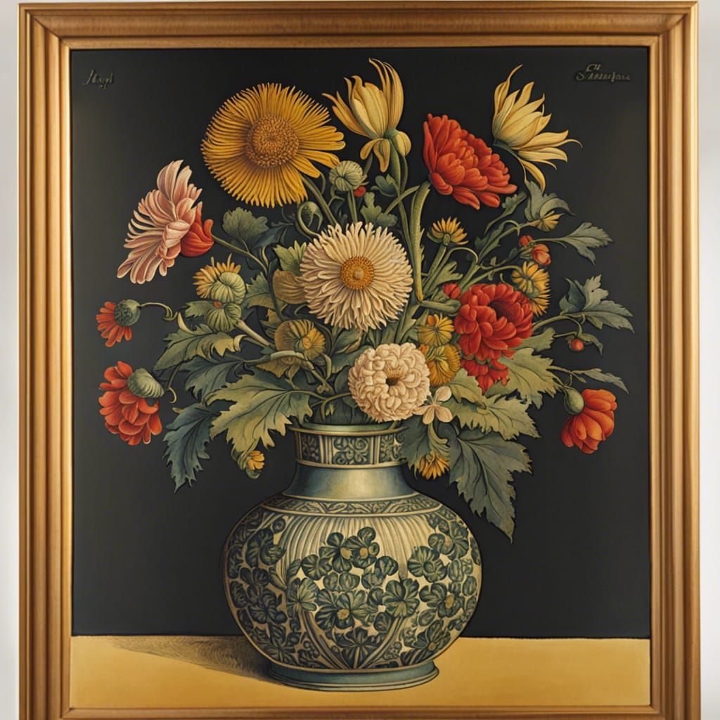 Floral Vase in Woodcut Style