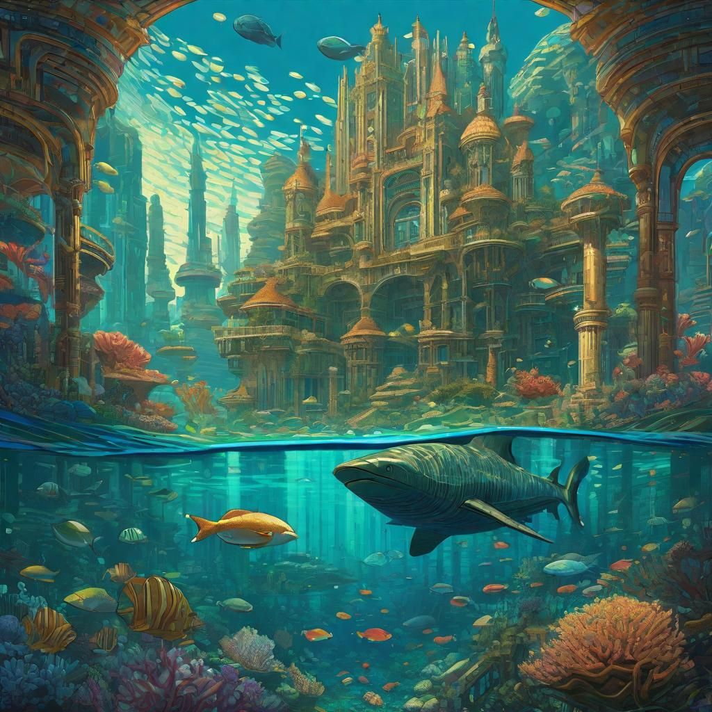 Detailed Underwater Mosaic of Atlantis in Pixel Art