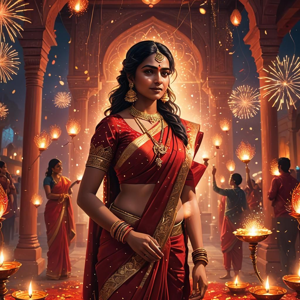 Indian Girl in Red Saree at Diwali Festival