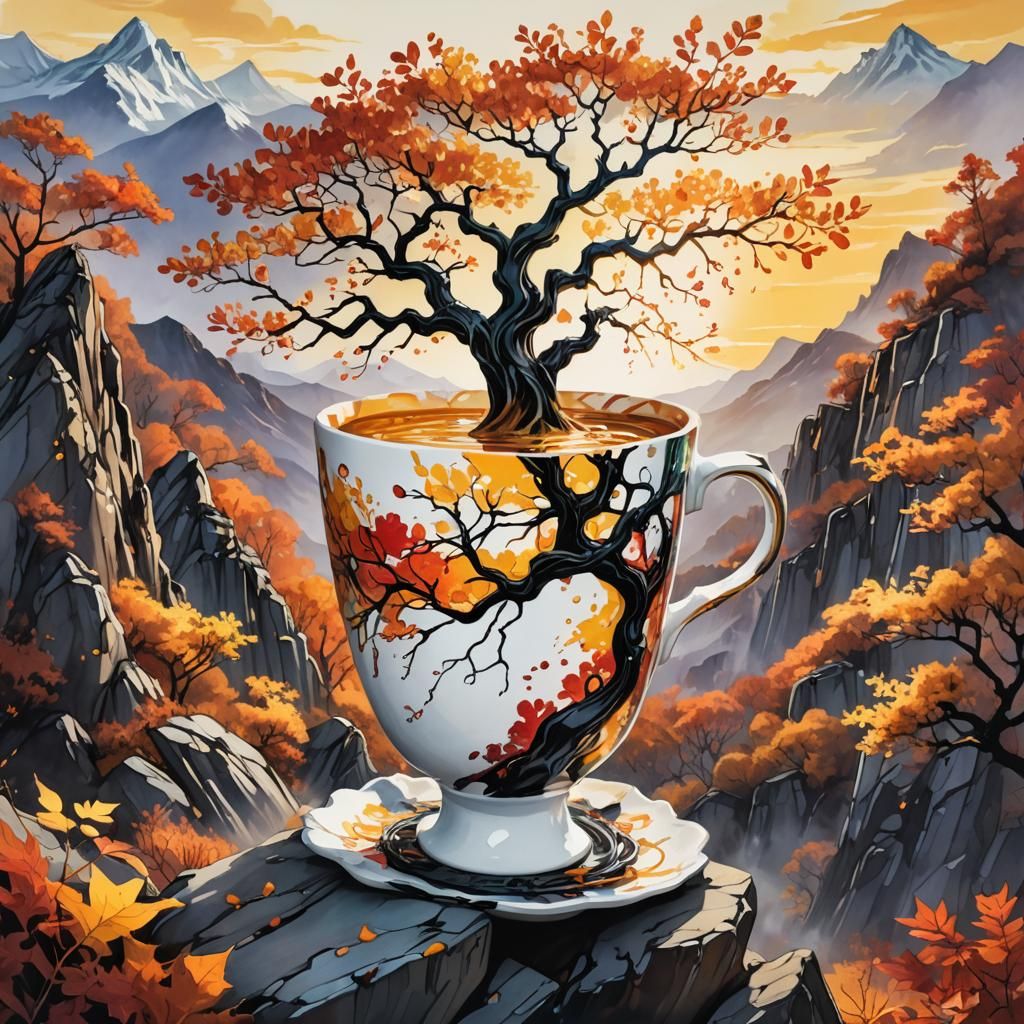 Porcelain Cup on Mountain with Autumn Tree Inside