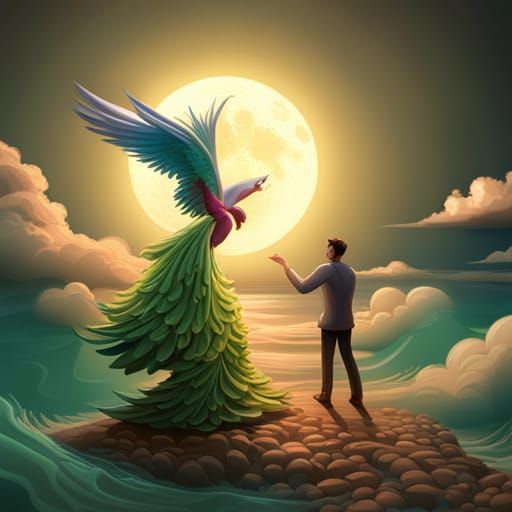 Winged Woman Receives Flower Under Moon in 3D