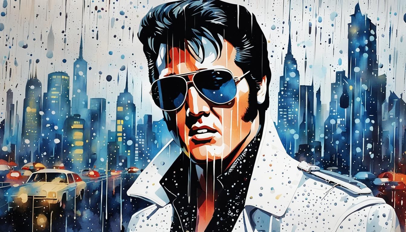 Elvis in Metropolis: Pop Art Watercolor Portrait