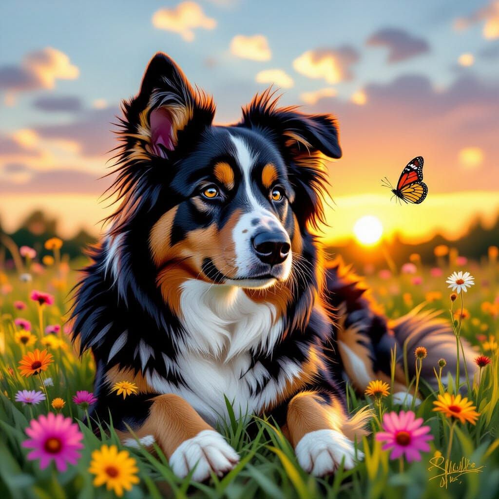 Graffiti Dog Portrait with Butterfly in Golden Hour