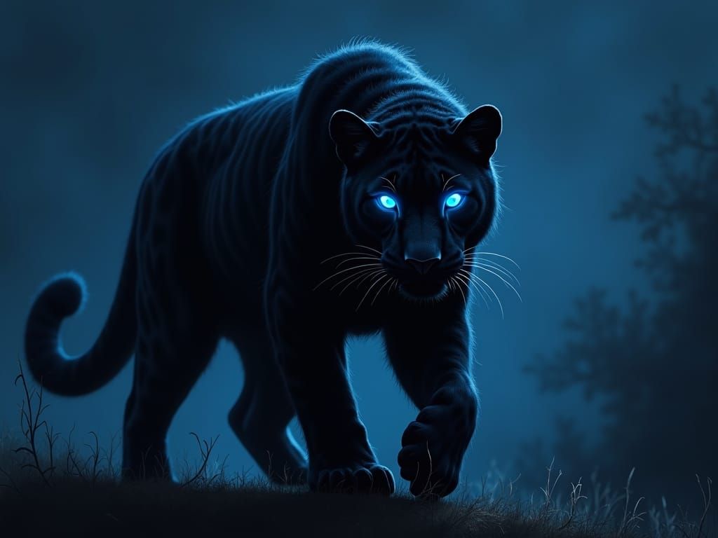 Camouflaged Jaguar's Piercing Blue Eyes at Night