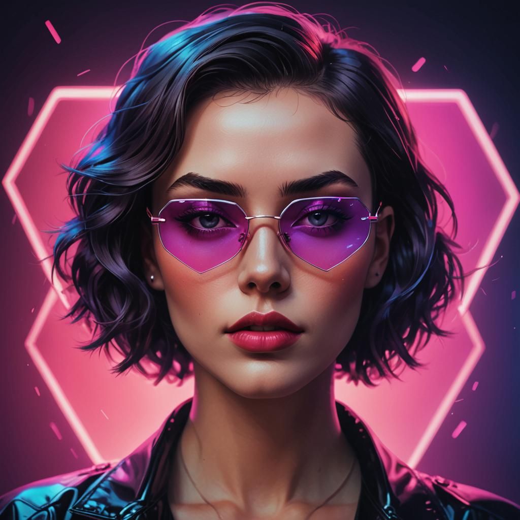 Synthwave Portrait with Hexagonal Shapes and Neon Accents
