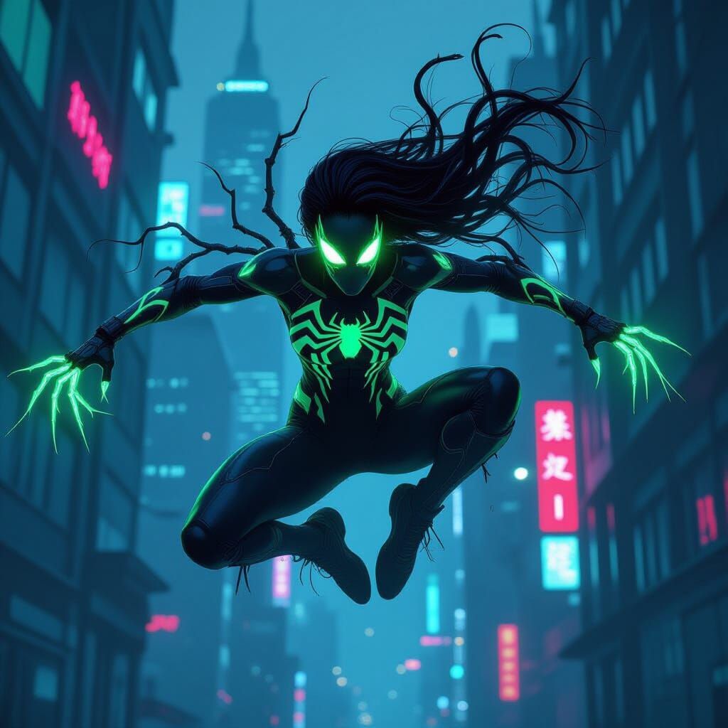Samara Venom Symbiote Leaps Through Neon Cyberpunk City