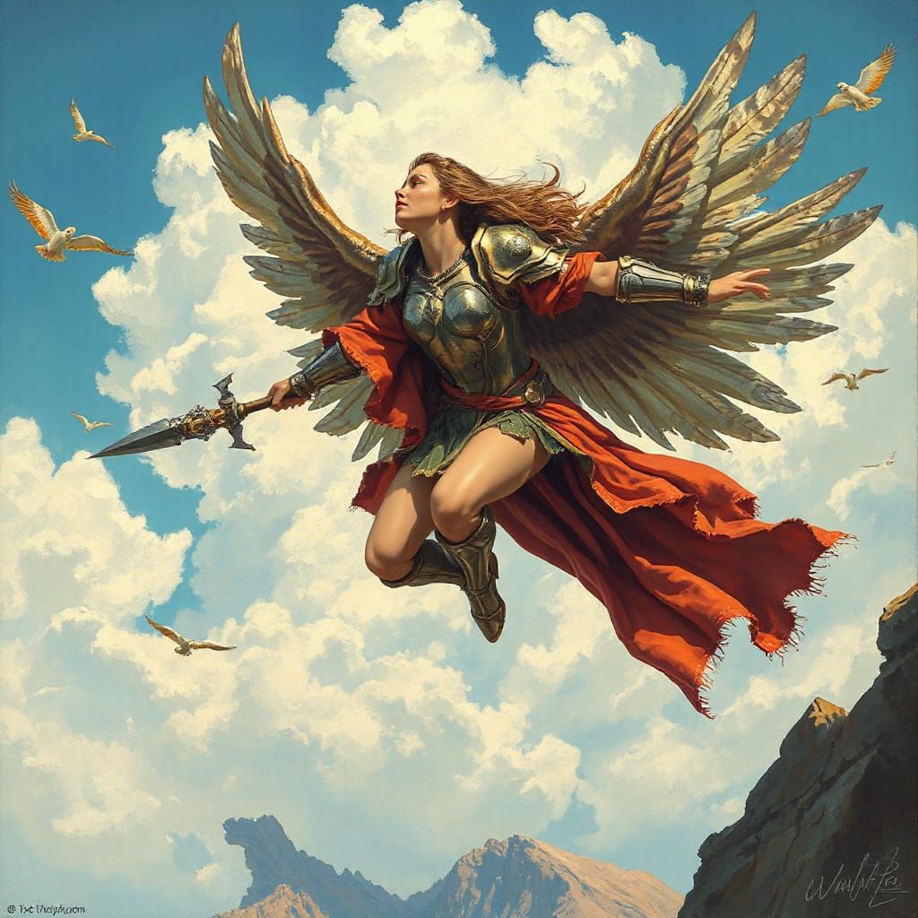 Valkyrie in Flight: Ethereal Gouache Painting