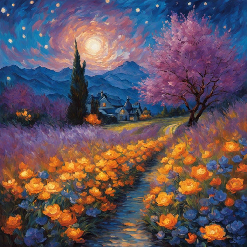 Starry Night: Flaming Flowers in Impressionist Style