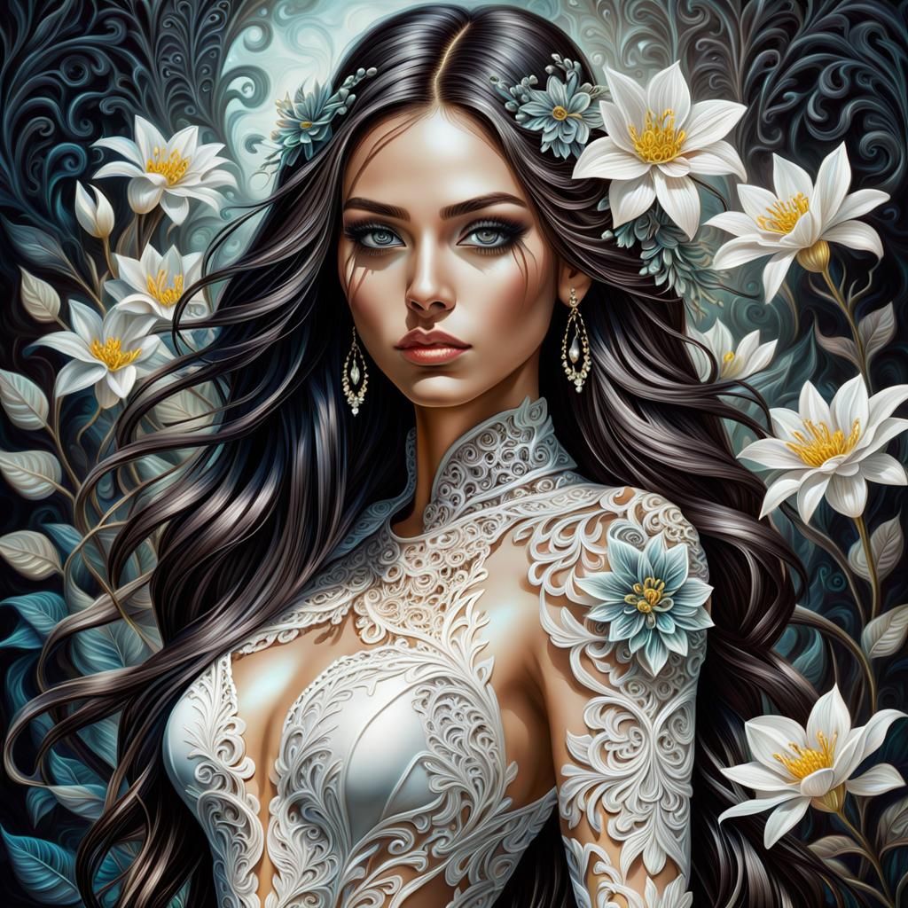 Beautiful Woman with Dark Flowers and Filigree