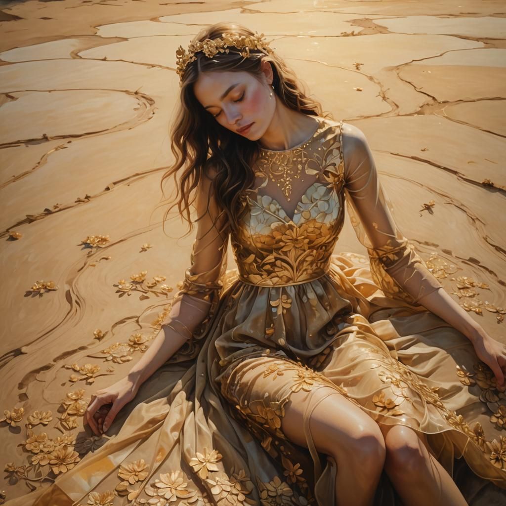 Ethereal Woman in Golden Dress: Surreal Oil Painting