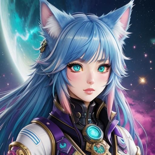 Aetherpunk Anime Girl with Cat Ears, Detailed Digital Art