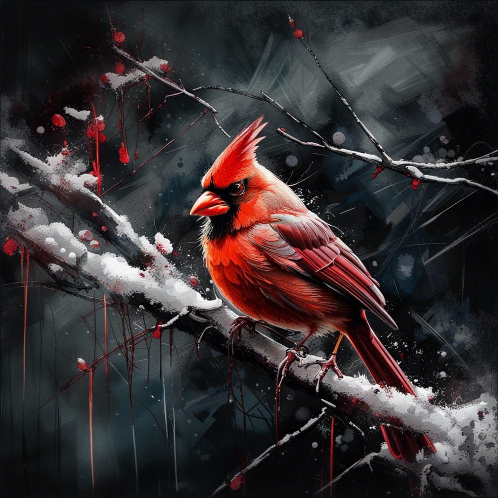 Cardinal on Snowy Branch: Realistic Digital Oil Painting