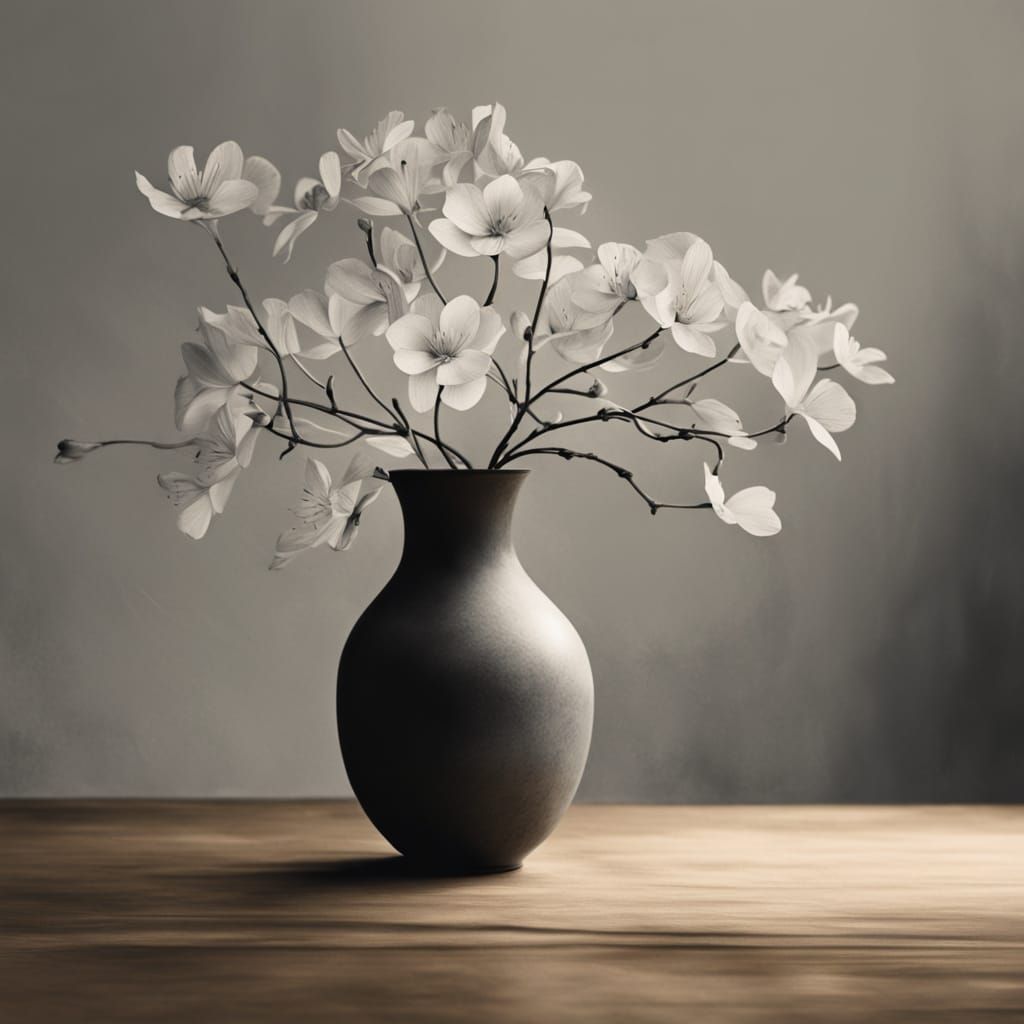 Delicate Ikebana Arrangement in Charcoal Drawing Style