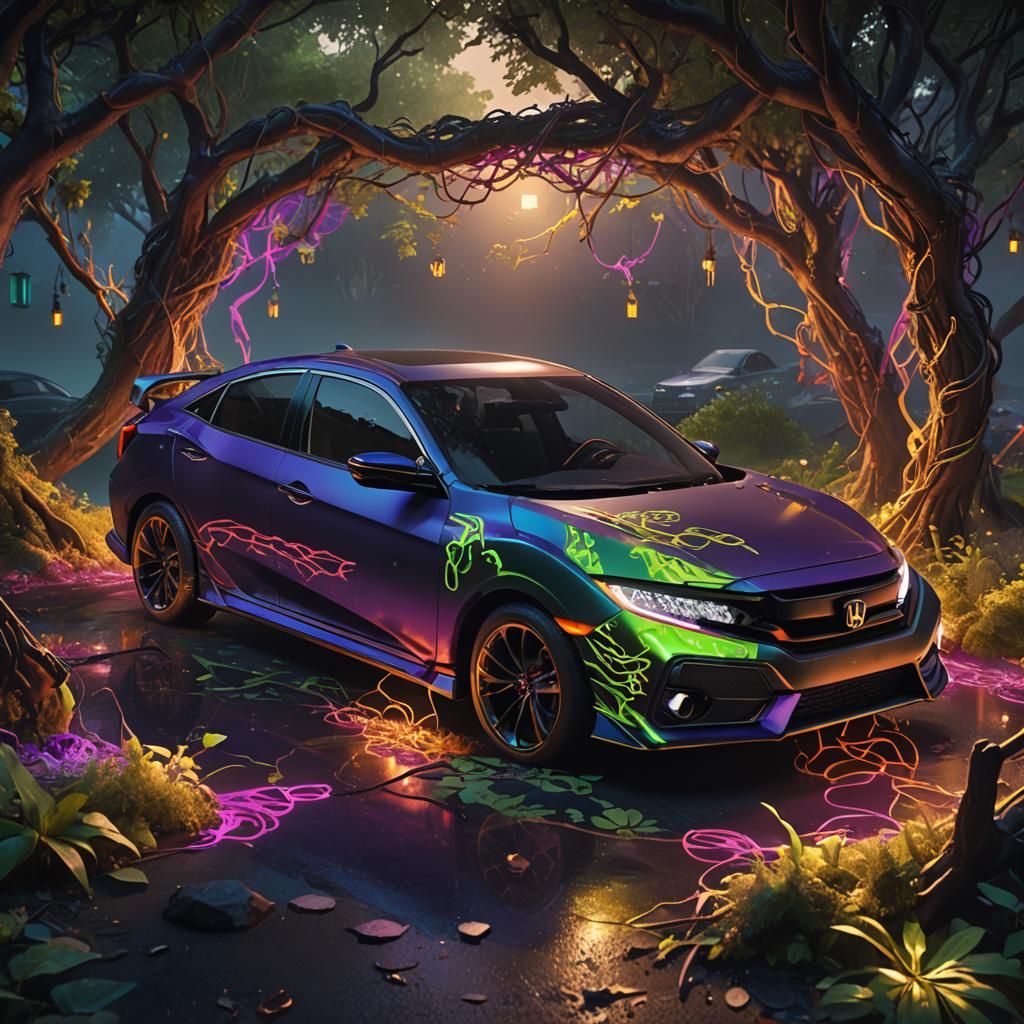 Neon Vines Adorn Honda Civic: Fantasy Concept Art