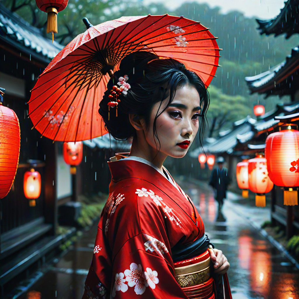 Elegant Geisha in Vibrant Kimono Under Rainy Cherry Blossoms