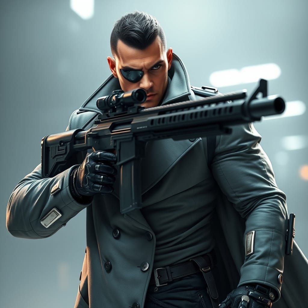 Cybernetic Warrior in Tactical Sniper Pose