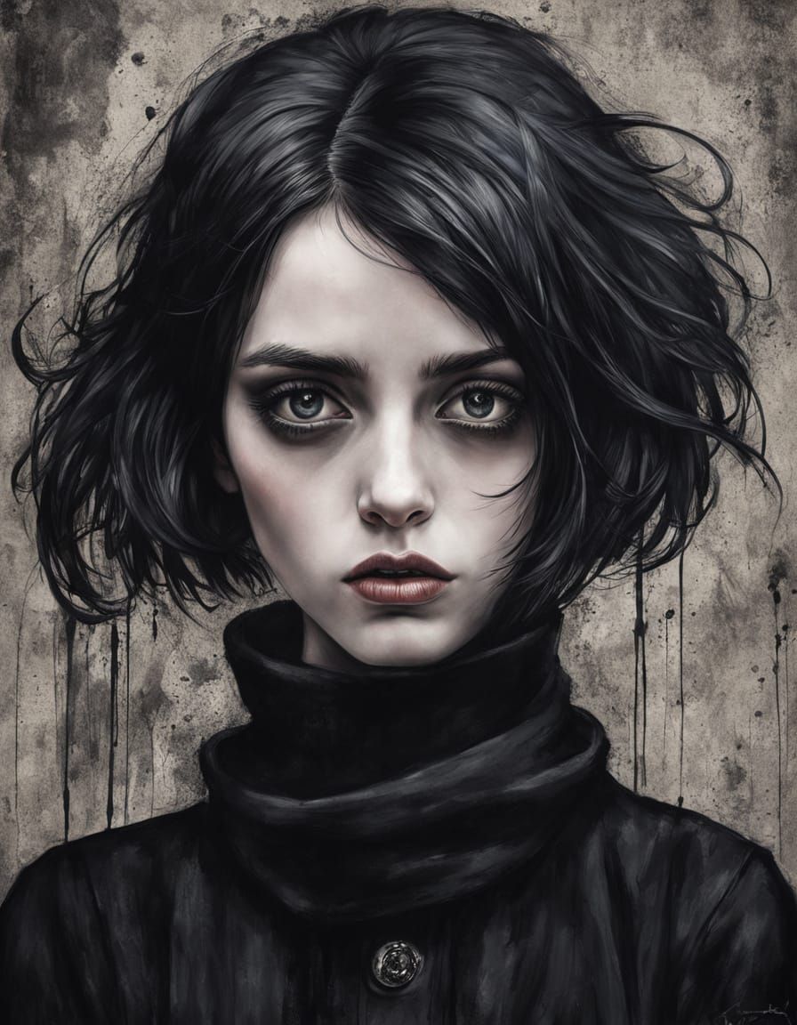 Gothgirl Portrait in High Contrast Impasto Style
