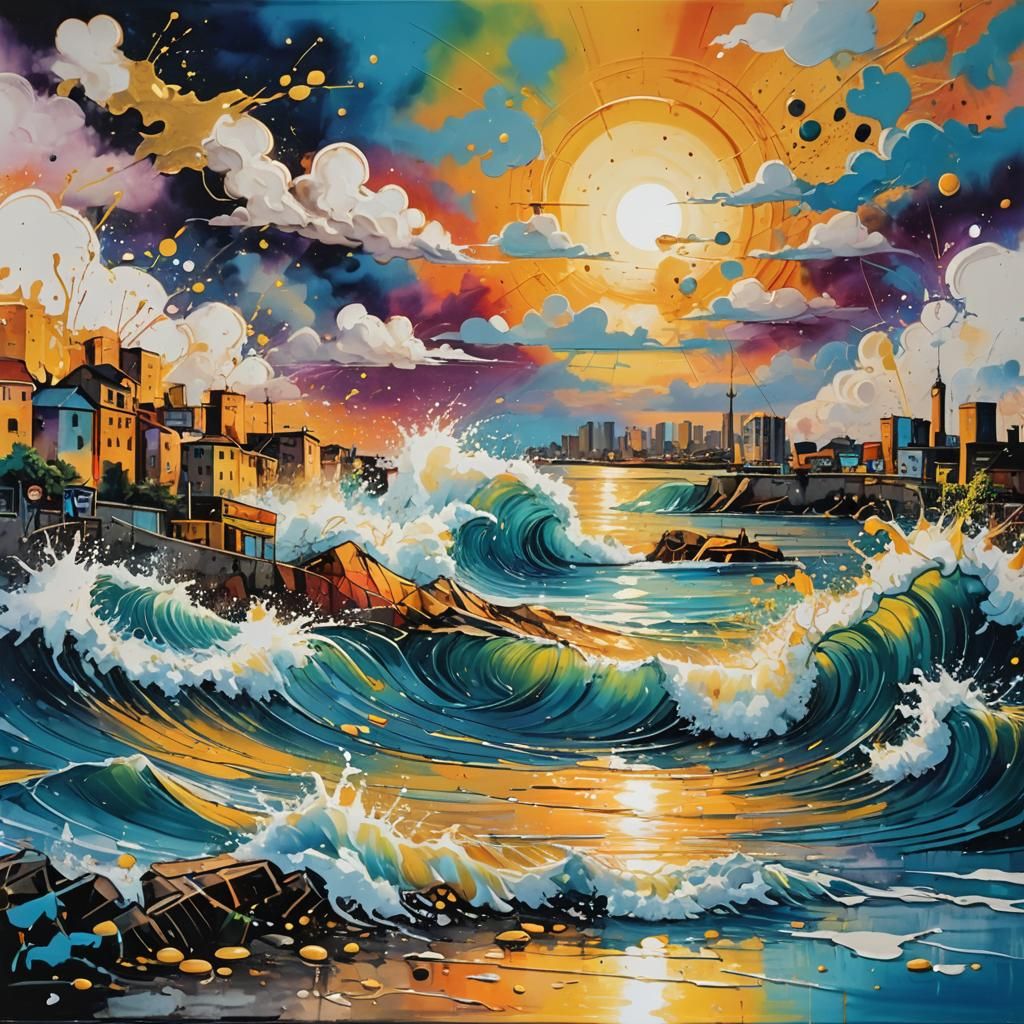 Colorful Sunrise Over Bay in Graffiti Art Style