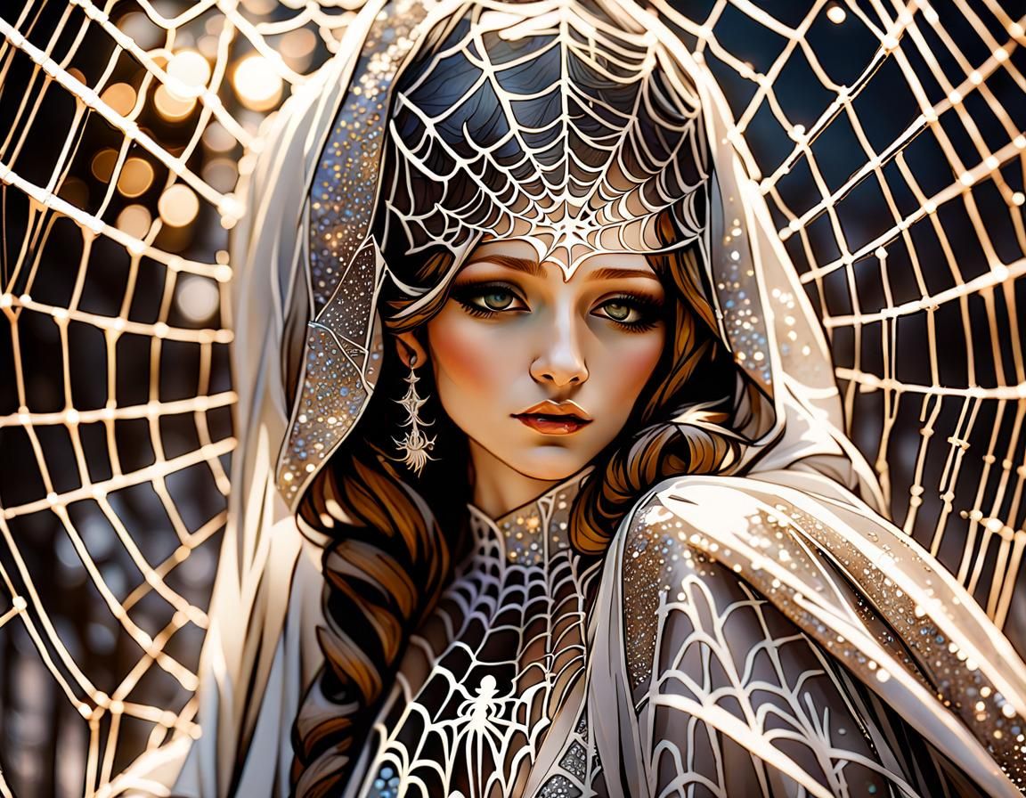 Spiderweb in Moonlight: Alphonse Mucha Style