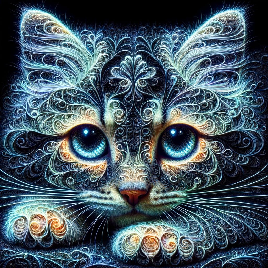Bioluminescent Fractal Kitten with Nebulous Eyes in HDR