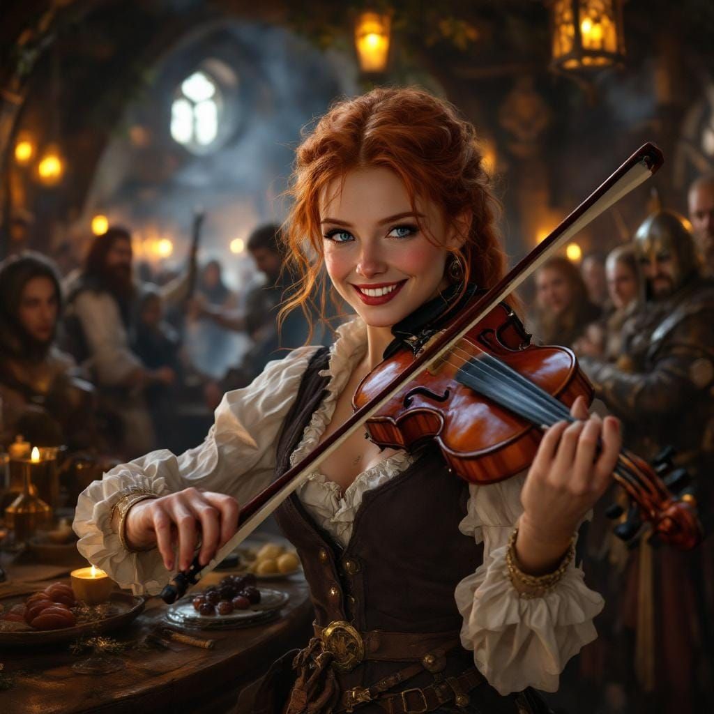 Redhead Bard Plays Viola in Medieval Inn