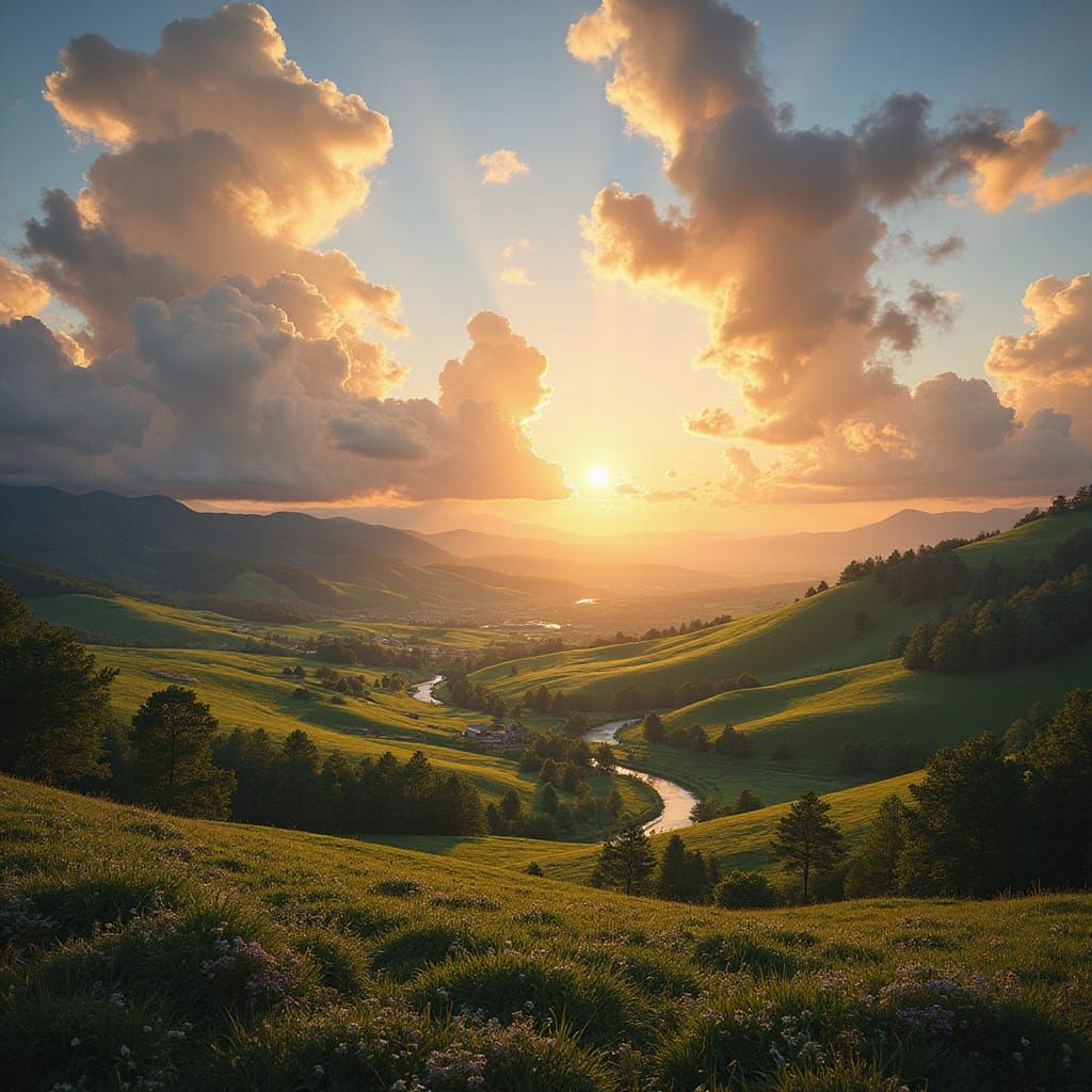 Hyper-Realistic Sunrise Landscape with Rolling Hills and Ser...
