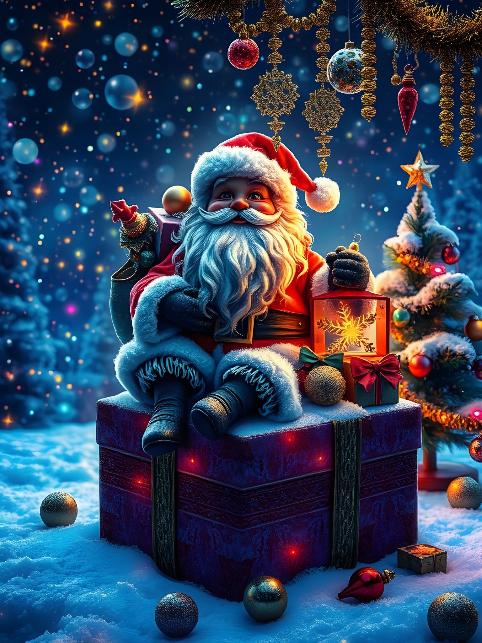 Surreal Christmas Scene with Glowing Golden Light and Hologr...