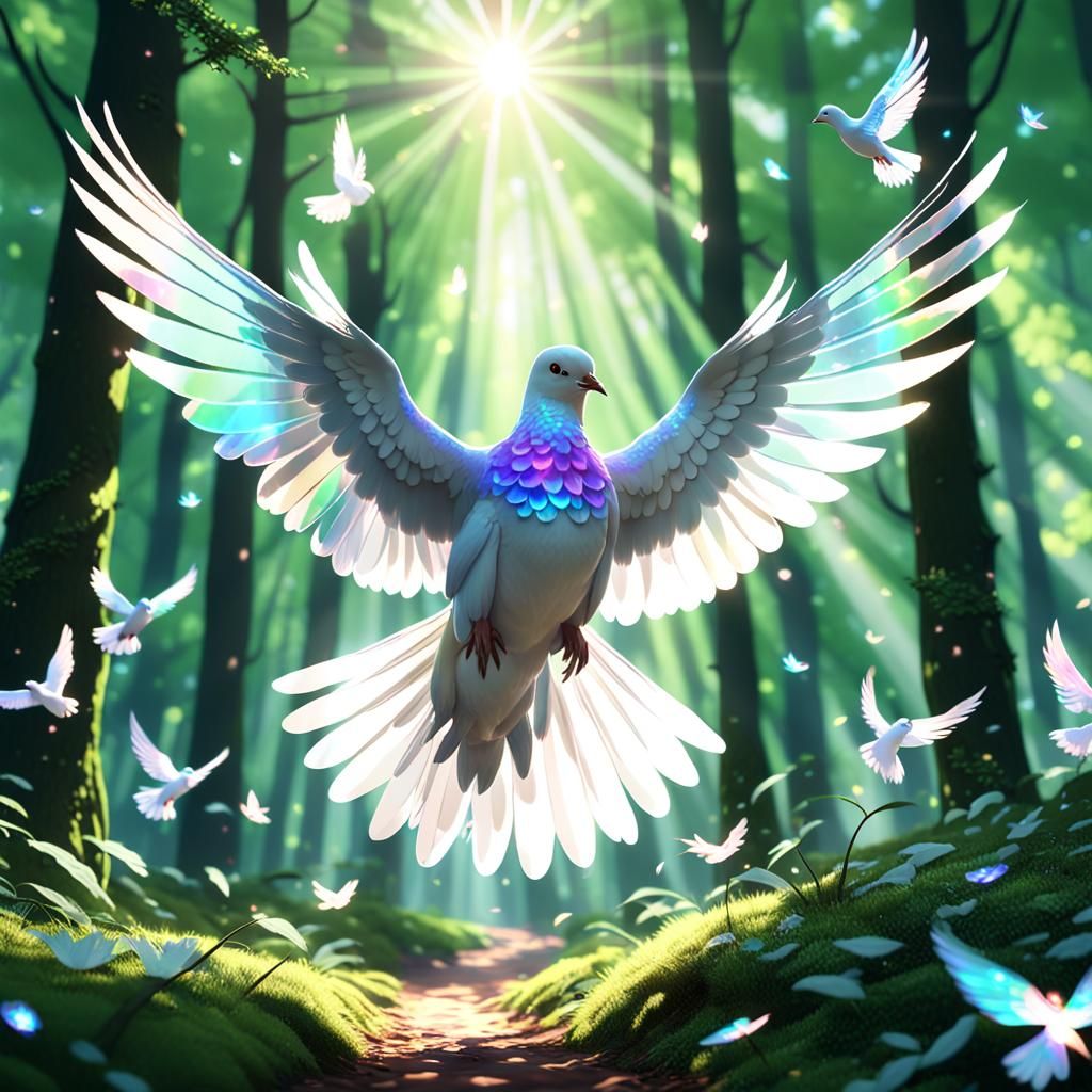 Holographic Dove Flies Through Sunny Forest