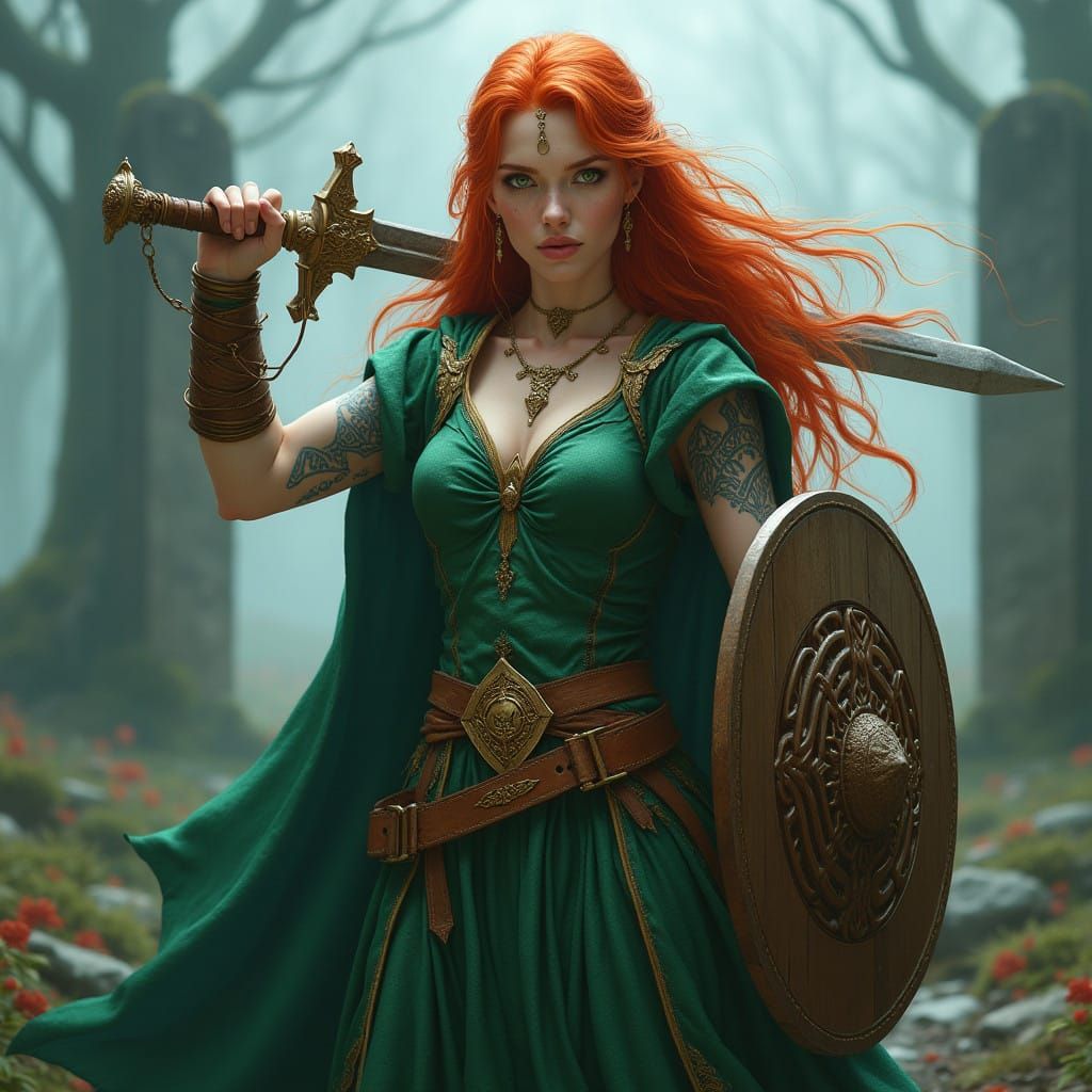 Mystical Celtic Warrior in Emerald Cloak and Ancient Landsca...