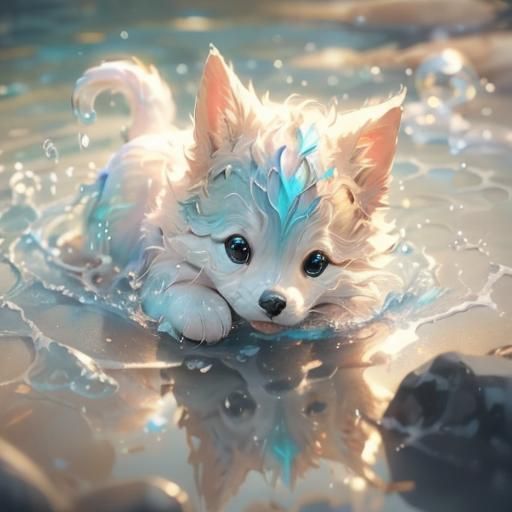 Puppy Playing in Pool: Cinematic Fantasy Art