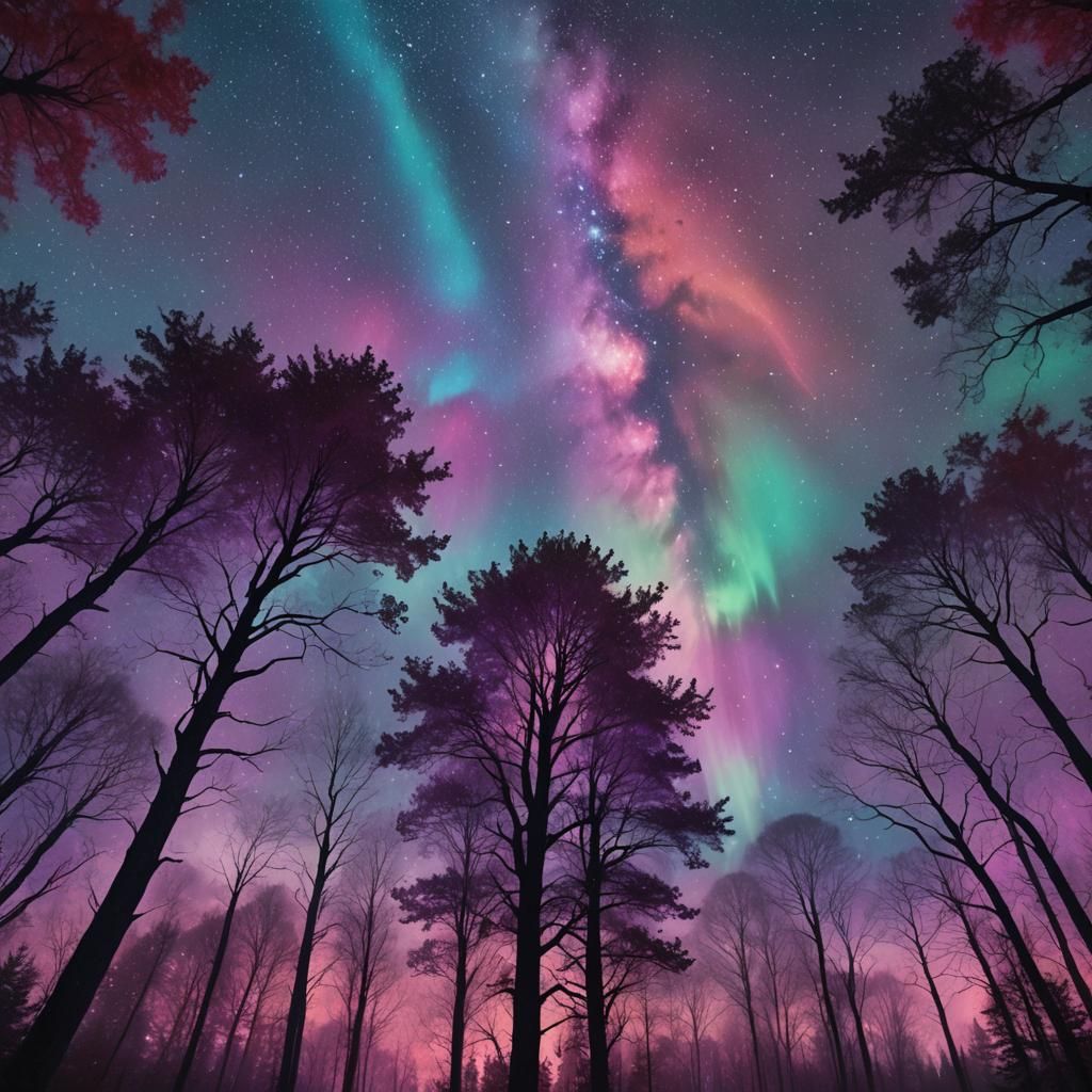 Mystical Forest Aurora and Milky Way at Night