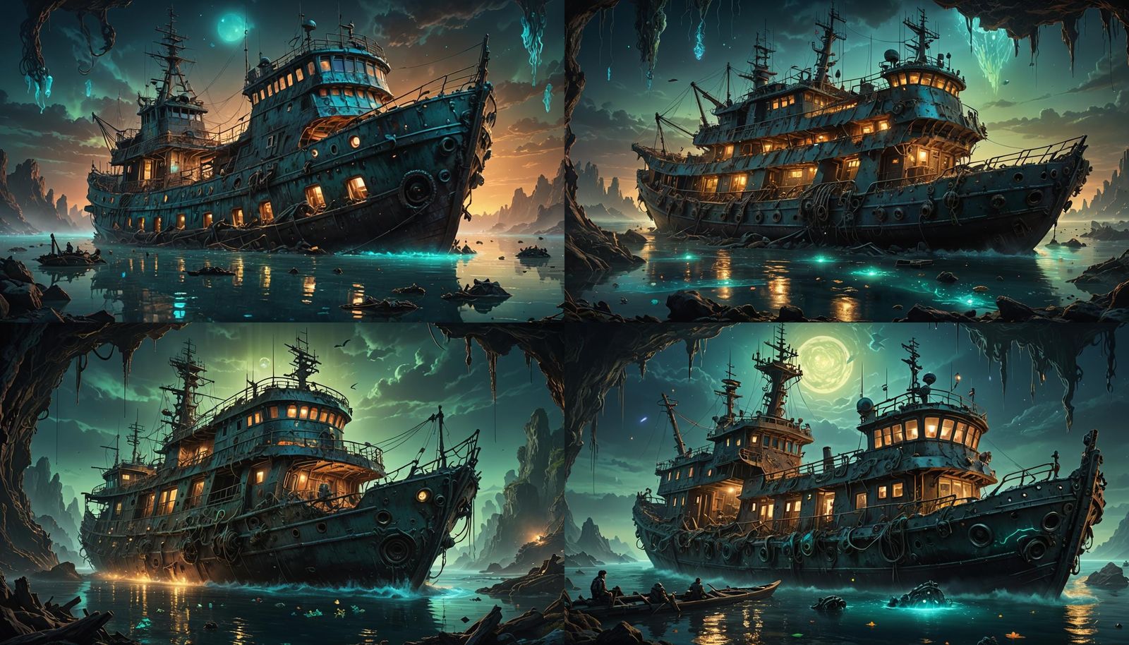 Bioluminescent Sunken Ship in Fantastical Underwater Realm