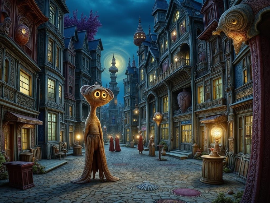 Fairy Tale City with Strange Figures in Lomography Style