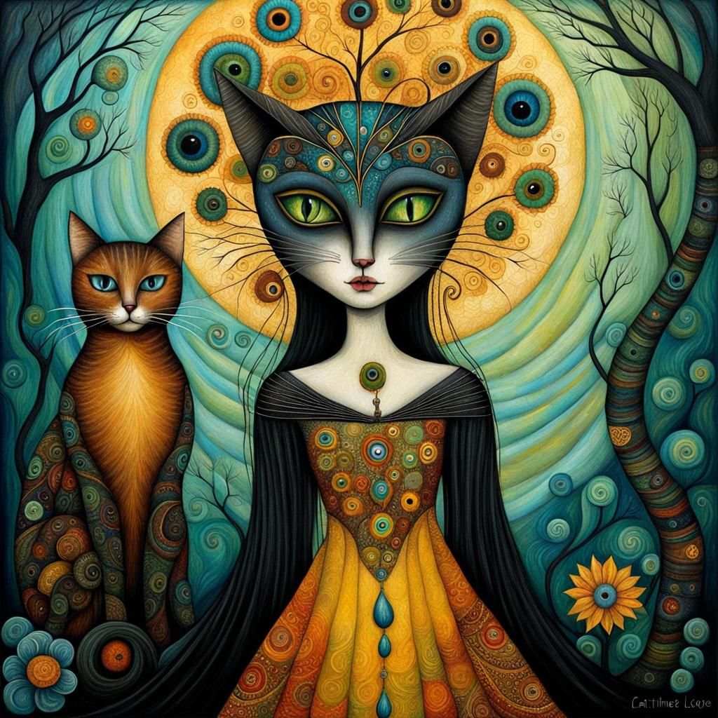 Dreamlike Woman-Cat in Art Brut Style