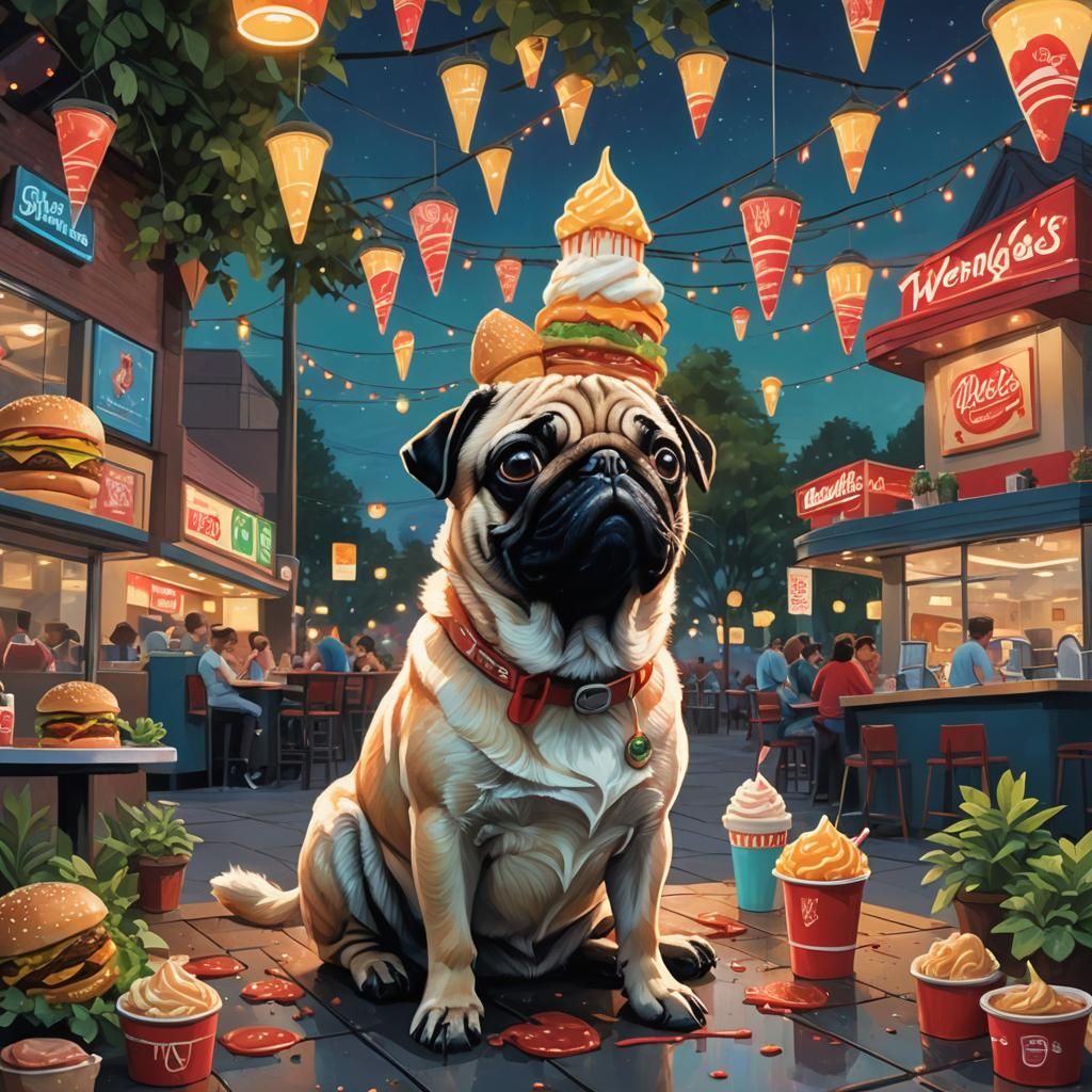 Pug in Wendy's Restaurant: Fantasy Digital Painting