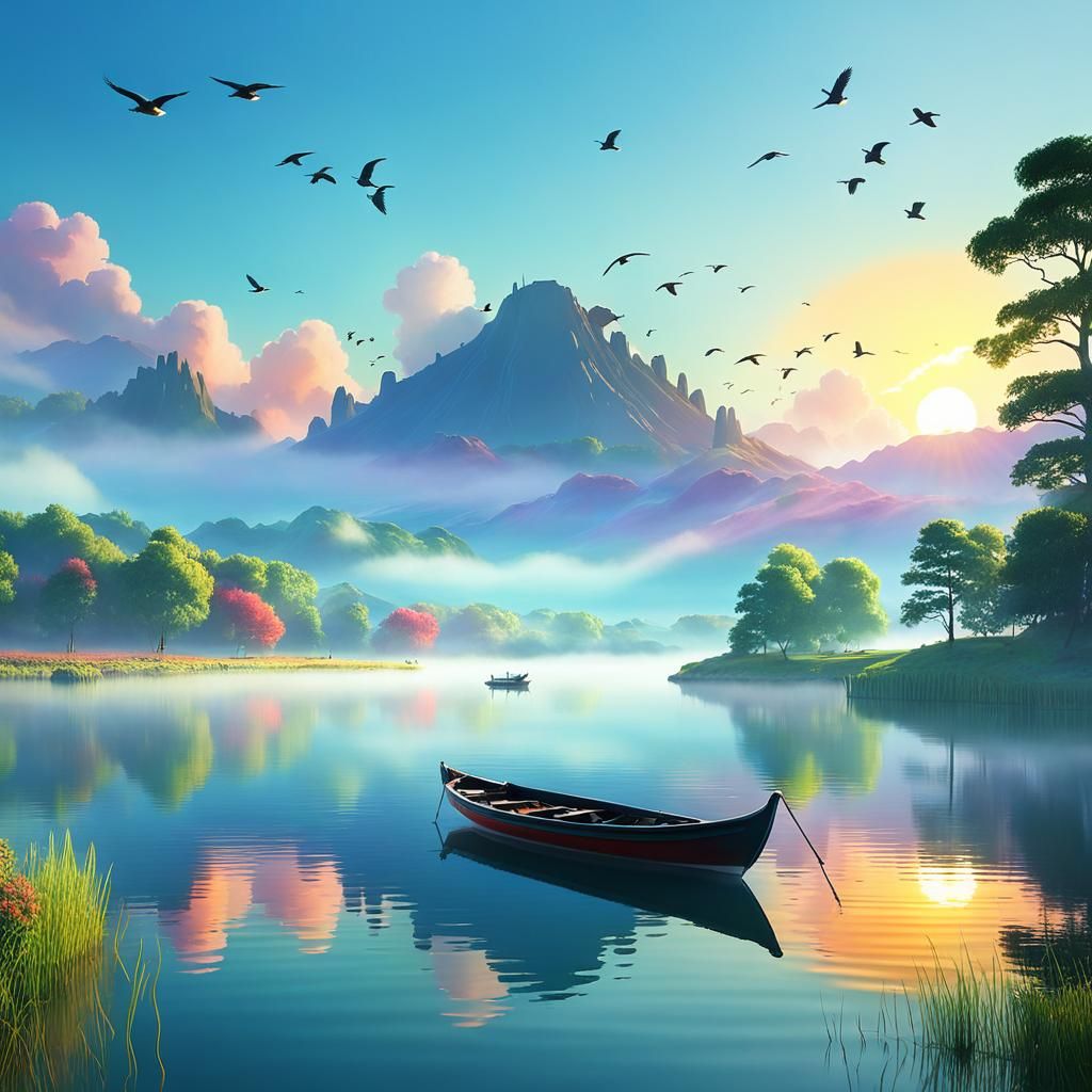 Sunrise Over Lake: Studio Ghibli Painting