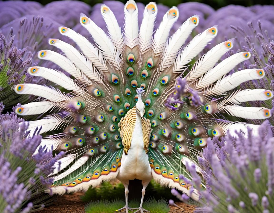 male Albino Peacock displaying tail feathers in a field of L...