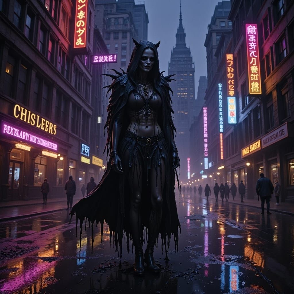 Dark Fantasy Figure Emerges from Rain-Soaked Cityscape in Ne...