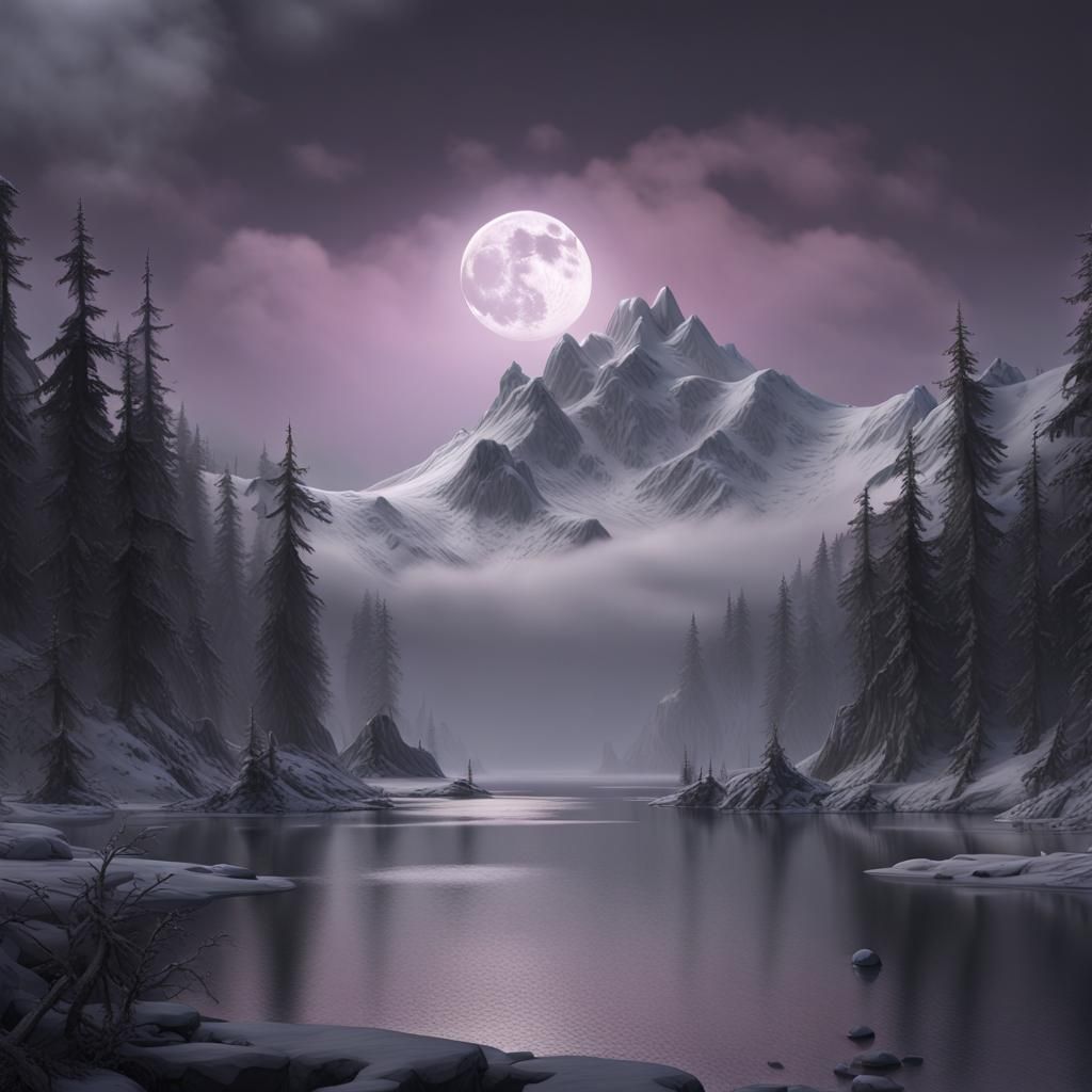 Snowy Mountain Lake with Ominous Fog, Dark Fantasy Art