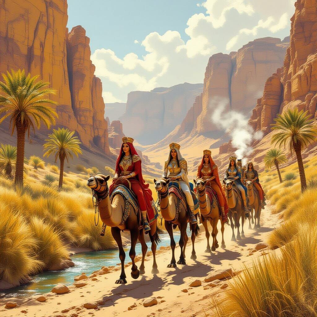 Queens Ride Camels Through Golden Desert Landscape