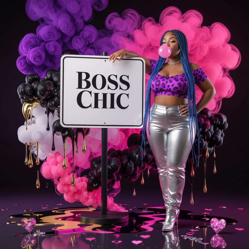 Curvy African American Woman Blowing Pink Bubble Gum