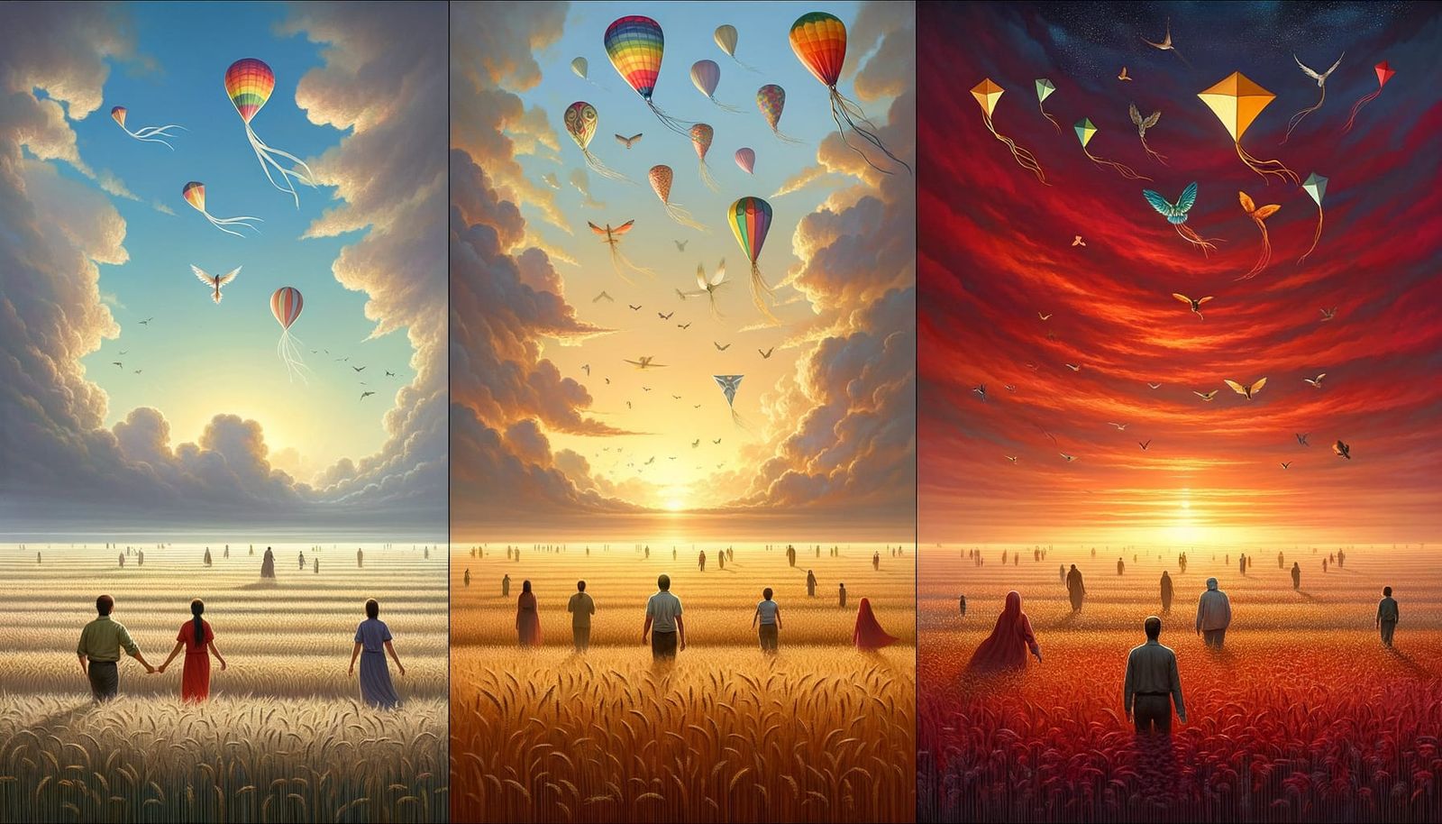 Dawn Over Whispering Wheat Fields with Pale Kites