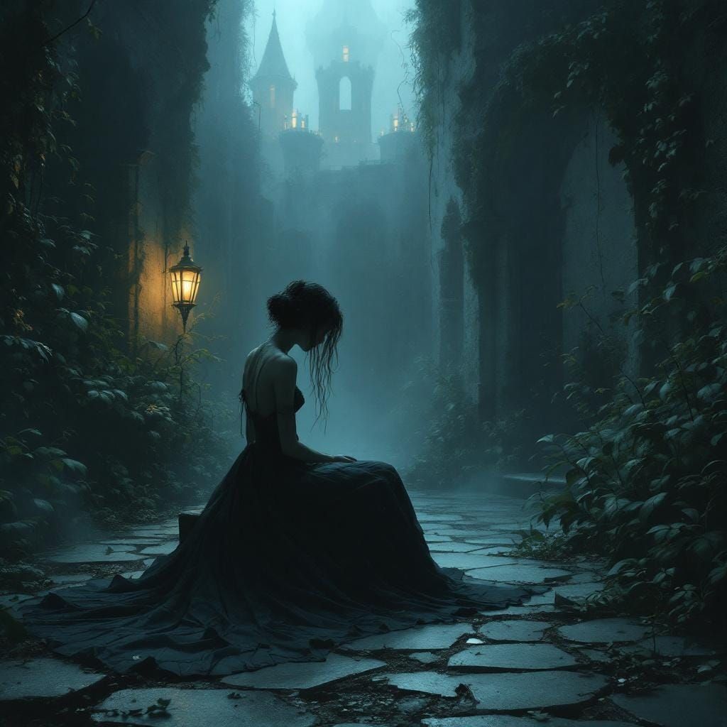 Melancholic Princess in Misty Castle Courtyard