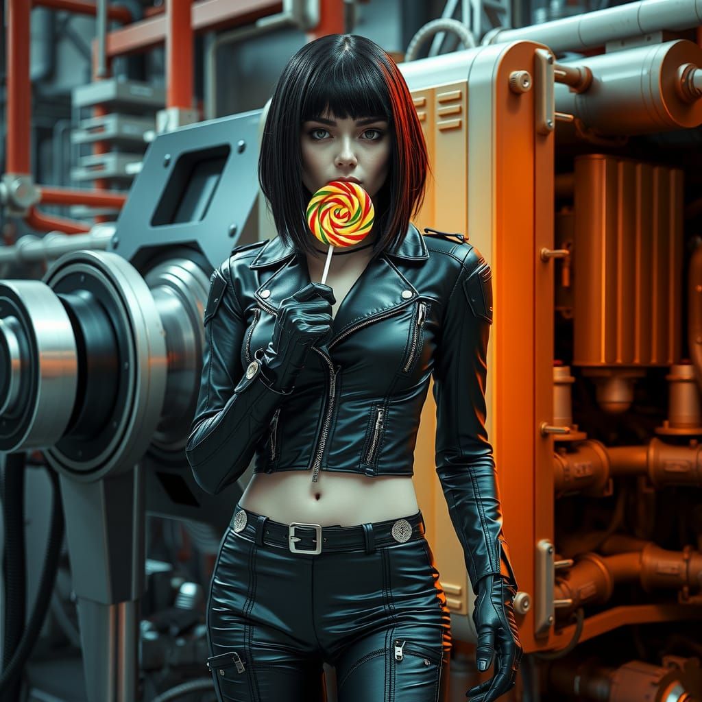 Cyborg Woman with Lollipop in Futuristic Setting