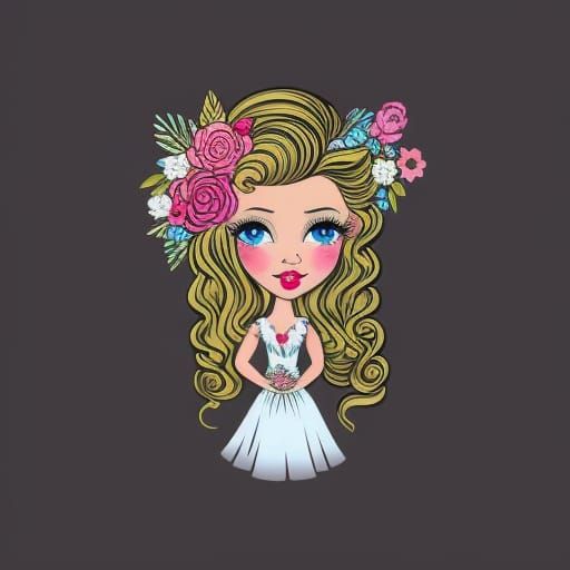 Cute cartoon beautiful girl with flowers in blonde wavy hair, vintage cartoon style, drawing