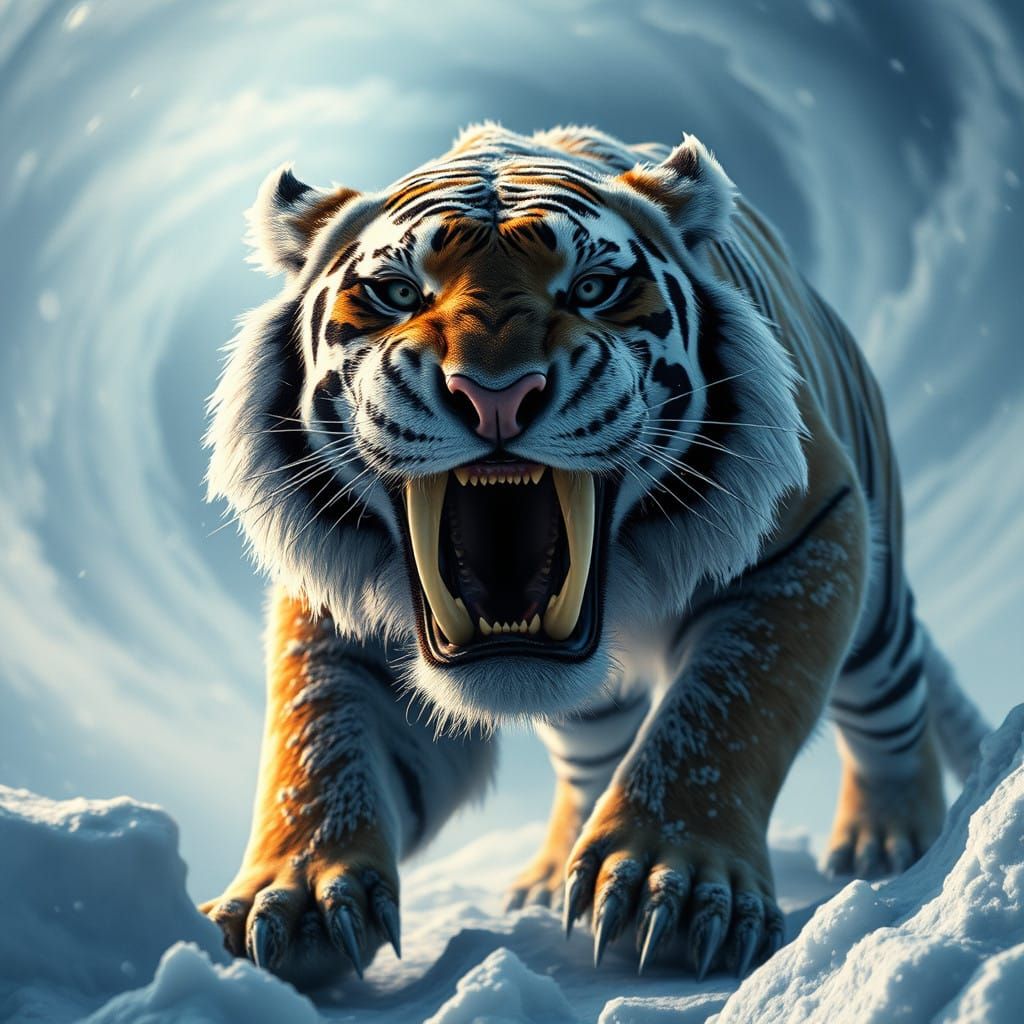 Majestic Saber-toothed Tiger Unleashes Fury in Icy Landscape