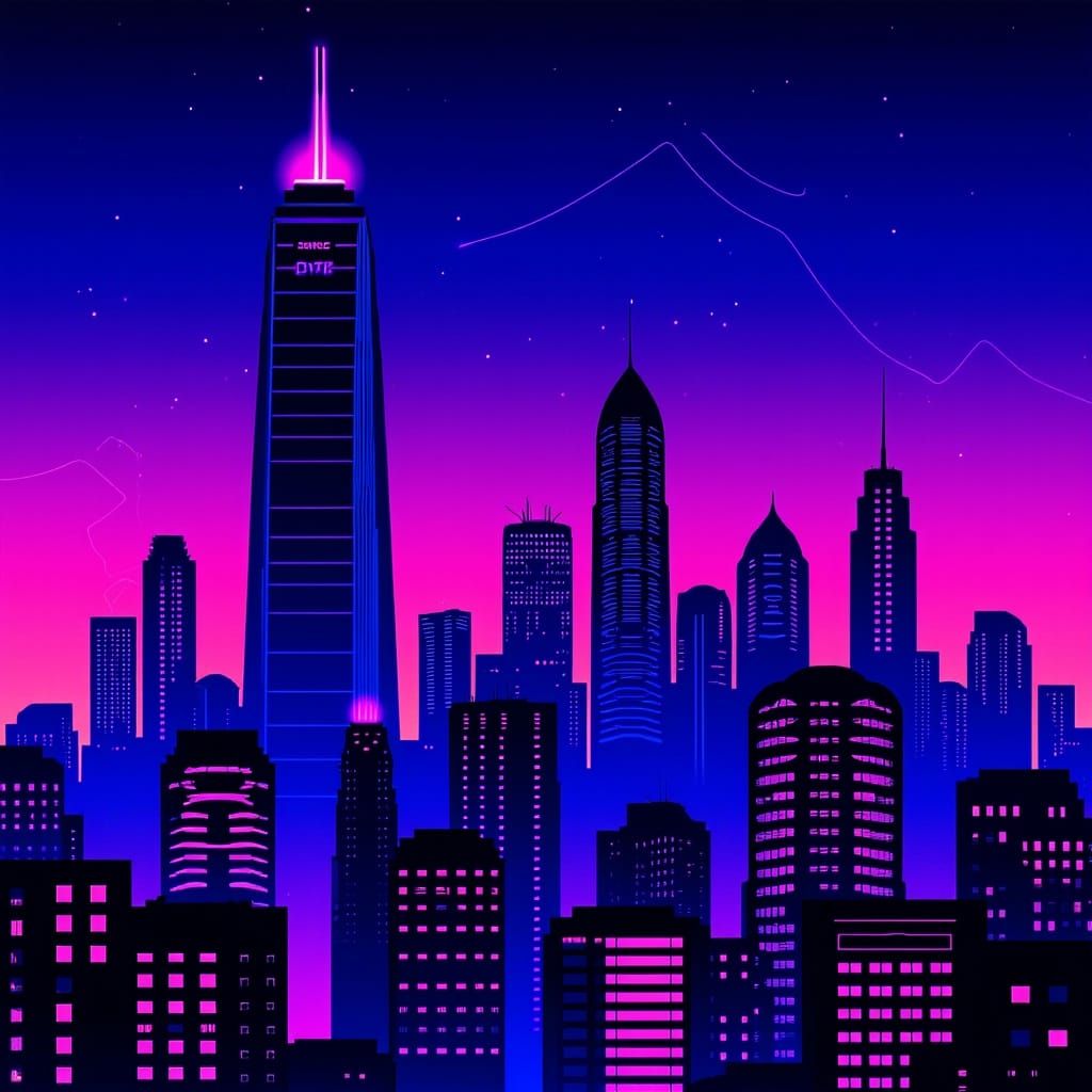 Synthwave Cityscape in Neon Pink and Blue