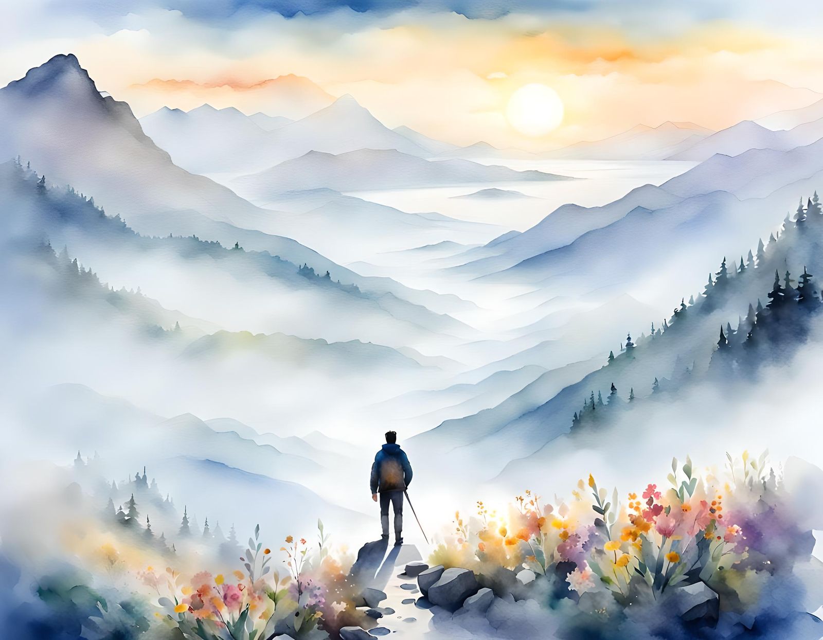 Misty Mountain Lake at Sunset in Watercolor