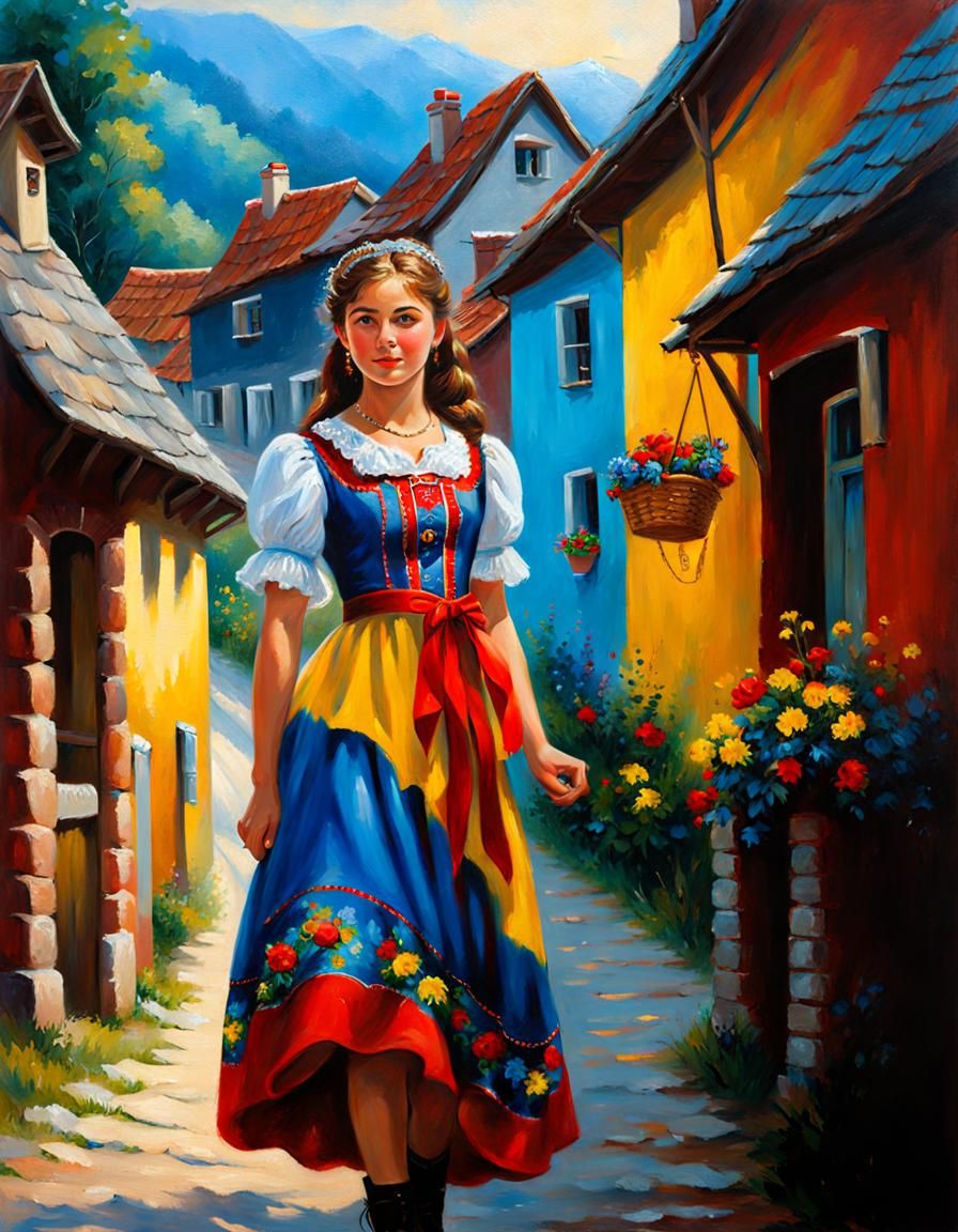 Romanian Girl in Transylvanian Village: Oil Painting